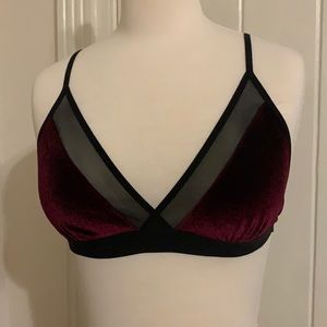 Red velvet and black mesh bralette